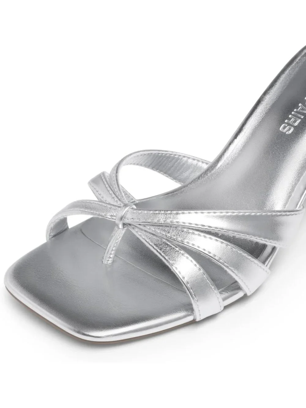 Women's Silver Faux Leather Square Open Toe Thong Mules Strappy Kitten Heels
